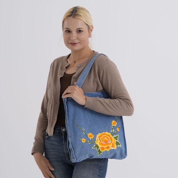 Shoppertasche, 33x35x5cm, Blau, Rosen-Stickerei image number 2