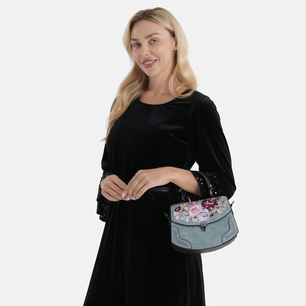 Kompakte Kunstprint Crossbody Tasche mit floralem Design, 23x9x17cm, Petrol image number 3