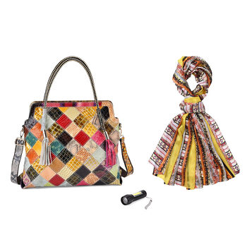 Chaos by Elsie Echtleder Crossbody Tasche mit RFID-Schutz und Mini-Taschenlampe und LA MAREY Schal aus 100% Maulbeerseide