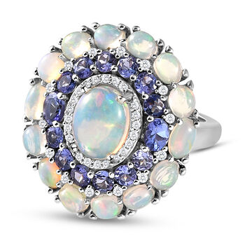 Nat&uuml;rlicher, &auml;thiopischer Opal und AA Tansanit-Ring, 925 Silber platiniert (Gr&ouml;&szlig;e 16.00) ca. 4.83 ct