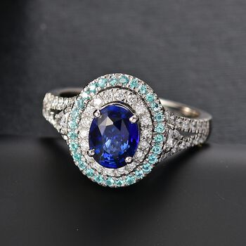 RHAPSODY zertifiziert und gepr&uuml;ft AAAA ceylonfarbener blauer Saphir, Paraiba Turmalin und VS Diamant Ring in 950 Platin - 3 ct.