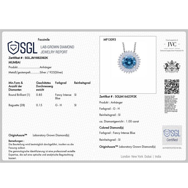 LUXURIANT SGL zertifizierter SI-GH blauer und wei&szlig;er Labor Diamant Anh&auml;nget mit 50cm Kette und Ohrringe image number 6