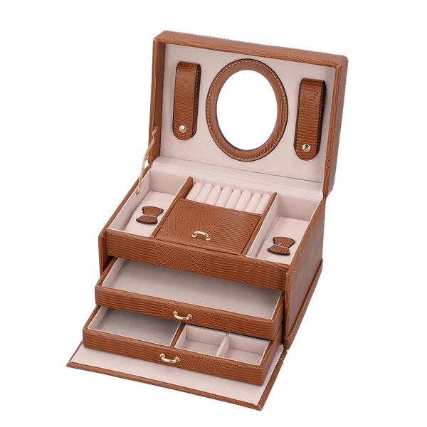 3-lagiger Schmuckkasten mit Schlangenhautmuster und Griff, Größe 22x16x14 cm, Braun image number 4