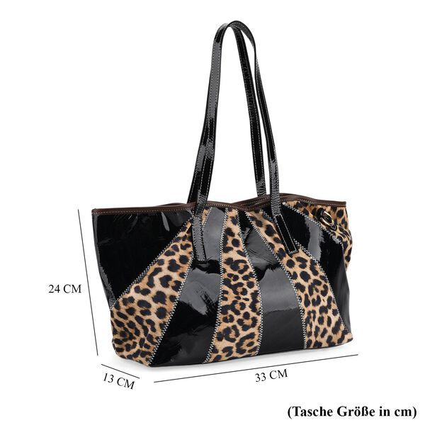 Chaos by Elsie- Echtleder-Shopper, RFID-Schutz, Leopard Patchwork mit Hochglanz Optik, 33x13x24cm, Schwarzbraun image number 8
