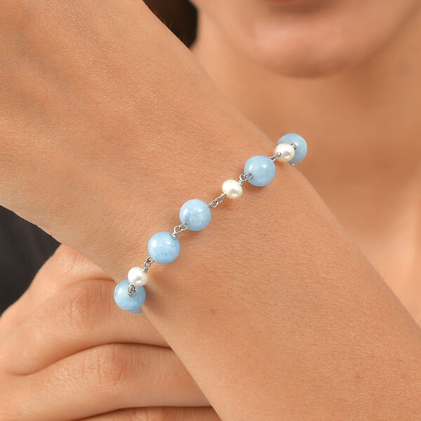 EVER TRUE Milchiger Aquamarin, S&uuml;&szlig;wasser Perle Armband ca. 19 cm 316L Edelstahl Platiniert image number 2