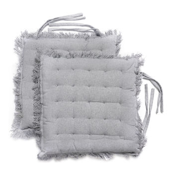 2er Set Stuhlpolster aus 100% Baumwolle mit Fransen und B&auml;ndern, 40x40x3 cm, Grau, 2 tlg.