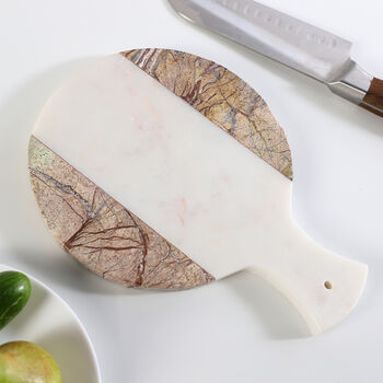 Rundf&ouml;rmiges Servierbrett aus Marmor, Gr&ouml;&szlig;e 28x20 cm, Braun und Wei&szlig;