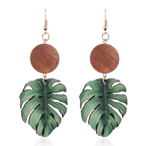 2er-Set Blume und Blatt Design h&ouml;lzerne Fischhaken Ohrringe in Goldfarben image number 1