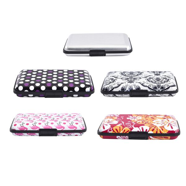 5er-Set RFID-blockierender Kartenhalter; mit Polka-Dot-Muster, Blumenmuster, Flamingo-Muster, Damast-Muster und grau, Aluminium image number 2