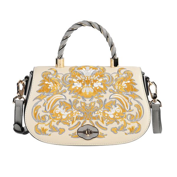 GRAND PELLE - Umh&auml;ngetasche aus echtem Leder mit Damast-Stickerei, mit Henkel und Schulterriemen, 23x9x13 cm, Schwarz