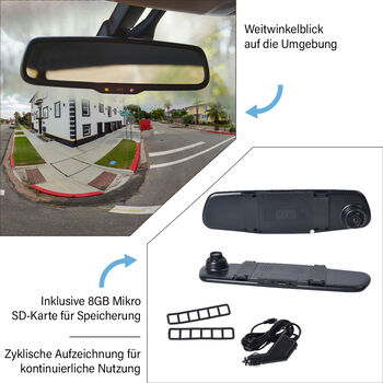 R&uuml;ckspiegel mit Dashcam und G-Sensor, Bewegungserkennung und zyklischer Aufzeichnung, 8GB Mikro SD-Karte inkl., 2,4 Zoll LCD-Display