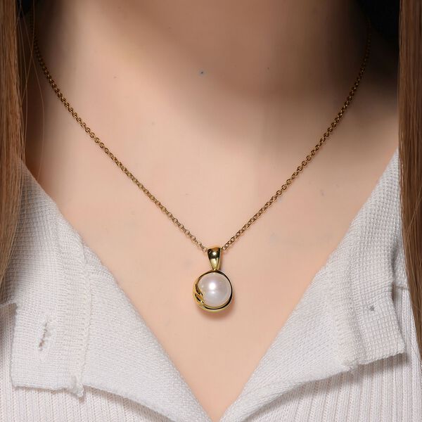 Weiße Edison Perle Anhänger mit Kette, ca. (9-11mm),Messing, Reiner Edelstahl, vergoldet image number 2