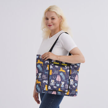 Faltbare Einkaufstasche aus wasserabweisendem Polyester, Katzendesign, 40x43 cm, Tragegriffe 22 cm, Mehrfarbig