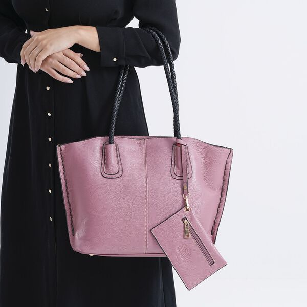 2er-Set Echtleder-Shopper, stilvolle Handtaschen mit passendem Reißverschluss-Etui, Rosa image number 4