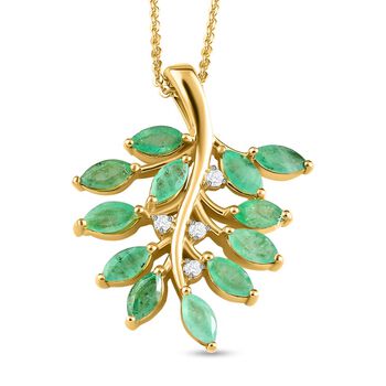 Kagem sambischer Smaragd und wei&szlig;er Zirkon-Anh&auml;nger mit Kette, 925 Silber vergoldet ca. 2.01 ct