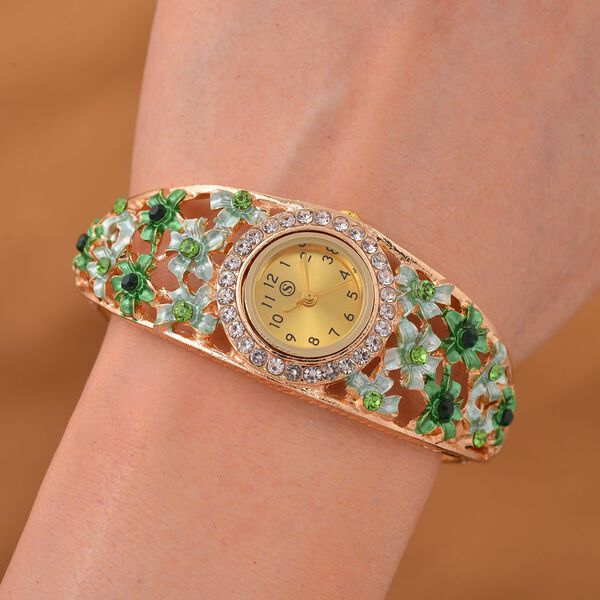 STRADA Blumenzauber Bangleuhr mit PC21S Japanischem Uhrwerk, wei&szlig;en Kristallen und reinem Edelstahl, Neongr&uuml;n image number 2