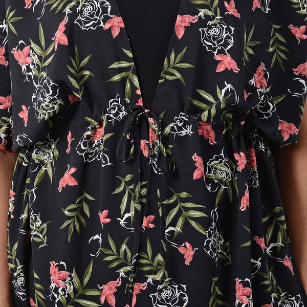 Kimono mit G&uuml;rtel, Blumenmuster, Schwarz und Mehrfarbig, Einheitsgr&ouml;&szlig;e image number 4