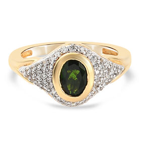 Natürlicher Chromdiopsid und Zirkon Ring 925 Silber vergoldet  ca. 1,32 ct