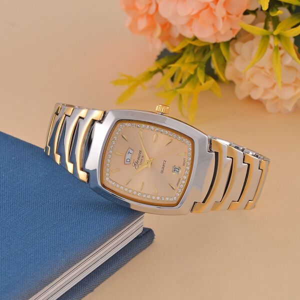 GENOA  - Eleganz Uhr mit Mond- und Wochenanzeige, Japanisches Uhrwerk und Wei&szlig;em Kristallzifferblatt, Reiner Edelstahl, Bicolor, 20 cm image number 2