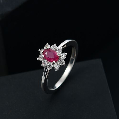 D’joy Afrikanischer Rubin (Fissure gefüllt), Weißer Zirkon Ring 925 Silber platiniert (Größe 18.00) ca. 1,19 ct image number 1