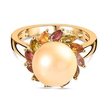 AA Goldene S&uuml;dsee Perle, Mehrfarbig-Turmalin Ring 925 Silber 750 Gelb Vermeil (Gr&ouml;&szlig;e 17.00) ca. 1.08 ct