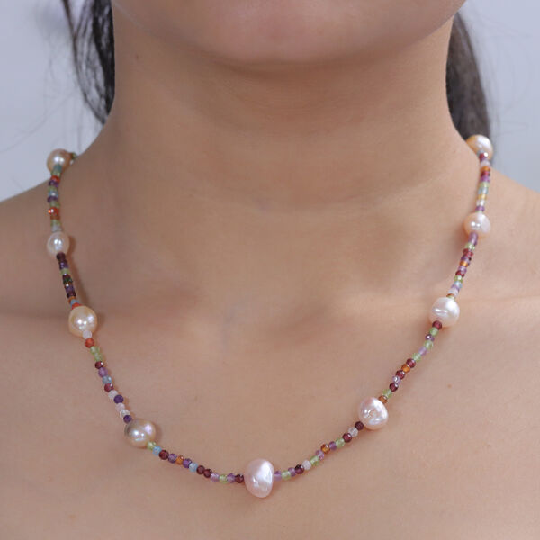 D'Joy Mehrfarbige S&uuml;&szlig;wasser Perle, Mehrfarbig Edelsteine Halskette ca. 60 cm 925 Silber Rhodiniert image number 2