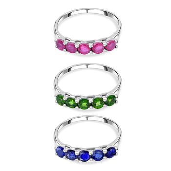 Rubin, Nat&uuml;rlicher Chromdiopsid und Masaola Saphir 3er-Ringset, 925 Silber platiniert ca. 6.25 ct