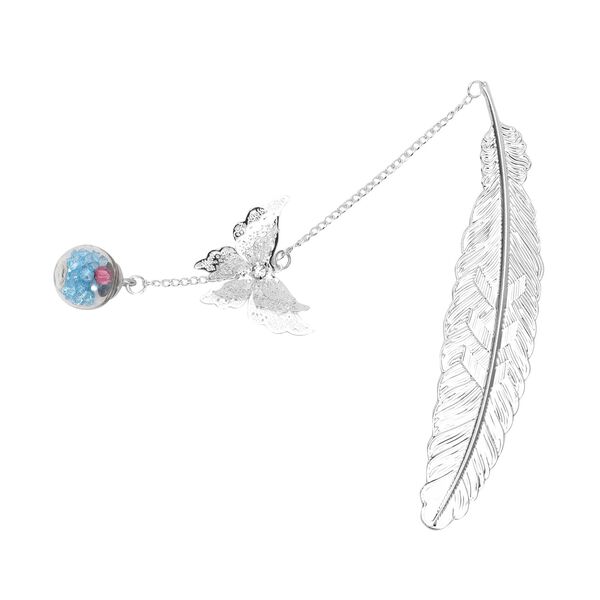 Metallfeder-Lesezeichen mit 3D-Schmetterling und ewigem Blumen-Glaskugel, Silberfarben mit Blaue Kristalle image number 2
