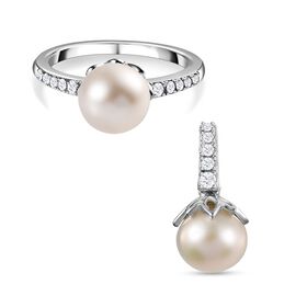 Drilled Süßwasser Perle Schmuckset 925 Silber platiniert ca. 0.30 ct.