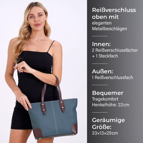 Echtleder Modische, ger&auml;umige Kontrastfarbene Tasche, 33x13x29 cm, Teal image number 4