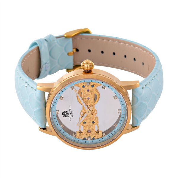 William Hunt Automatik-Uhr, Hohles Zifferblatt mit weißen Kristallen, Himmelblau Lederarmband, 5ATM wasserdicht image number 4
