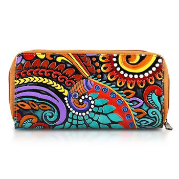 Handbemalte Leder Geldb&ouml;rse RFID, Tan, 22.8 x 2.5 x 12.7 cm