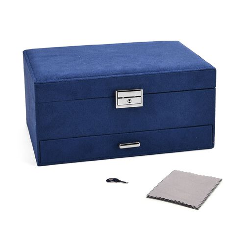 "3 layer Velvet Jewelry box with 5pcs Silver Polish cleaning cloth,  Velvet 3 layer Jewelry box with one drawer, 24.5x17x11.5cm, Material: Velvet+MDF+Alloy Weight: 1081g Color: Navy  5pcs Anti Tarnish Silver Polishing Clean cloth double side usage, size:4 image number 1