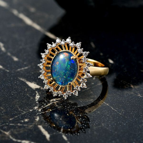Djoy Boulder Opal Triplette, Wei&szlig;er Zirkon Ring 925 Silber 750 Gelbgold Vermeil (Gr&ouml;&szlig;e 17.00) ca. 2,61 ct image number 2