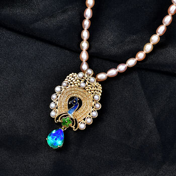 D'Joy Pfau Triplett Quarz, Pfirsich- und S&uuml;&szlig;wasser Perle 45cm Halskette