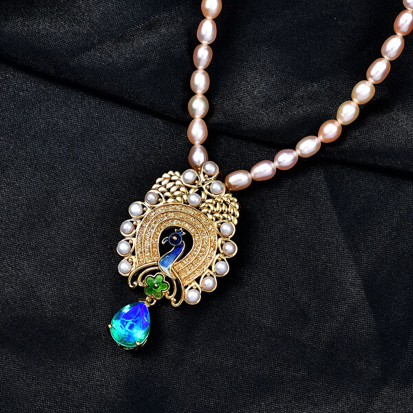 D'Joy Pfau Triplett Quarz, Pfirsich- und S&uuml;&szlig;wasser Perle 45cm Halskette image number 1