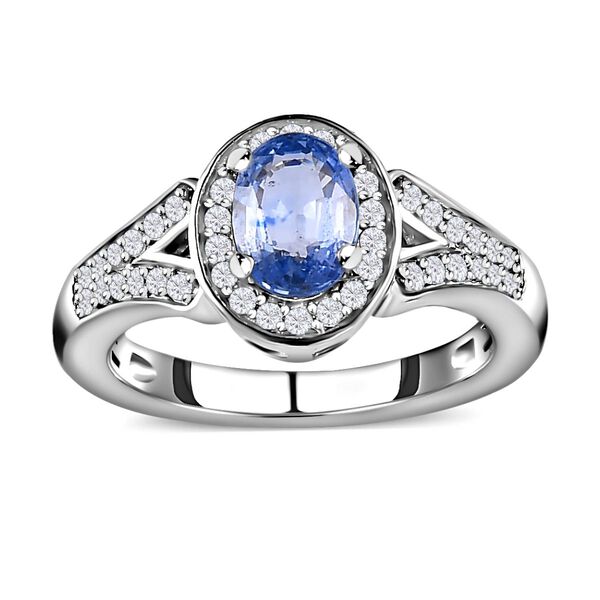 Blauer Ceylon-Saphir, Weißer Zirkon Ring, 925 Silber platiniert (Größe 18.00) ca. 1.42 ct image number 4