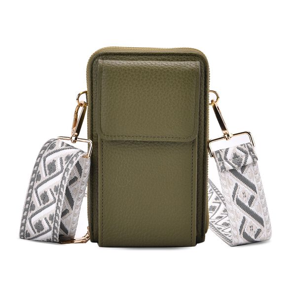 Crossbody-Handytasche mit RFID-Schutz, Kartenfächern und gemustertem Trageriemen, ca. 19x6x11 cm, Grün