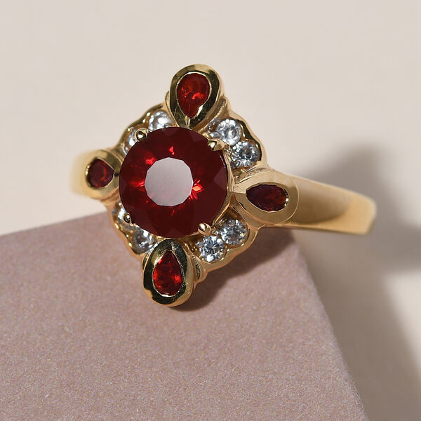 Mexikanischer Kirschfeuer-Opal und Zirkon Ring 925 Silber vergoldet image number 2