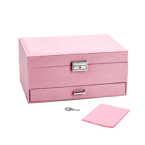 "3 layer Velvet Jewelry box with 5pcs Silver Polish cleaning cloth,  Velvet 3 layer Jewelry box with one drawer, 24.5x17x11.5cm, Material: Velvet+MDF+Alloy Weight: 1081g Color: Pink  5pcs Anti Tarnish Silver Polishing Clean cloth double side usage, size:4 image number 1