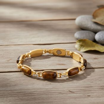 Gelbes Tigerauge, Wei&szlig;er Kristall Armband, magnetischem Verschluss, ca. 20 cm