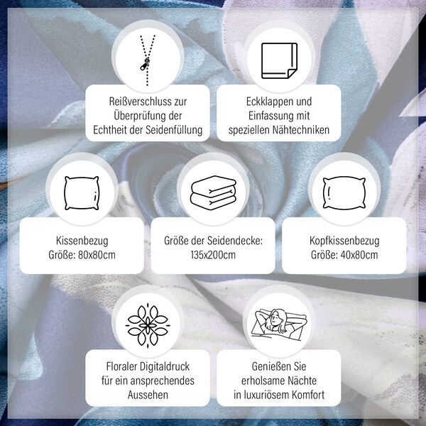SERENITY NIGHT: 3er-Set - Seidensteppdecke und 2 Kissenbezüge, Blumenmuster, Dunkelblau und Caffe Latte  image number 3