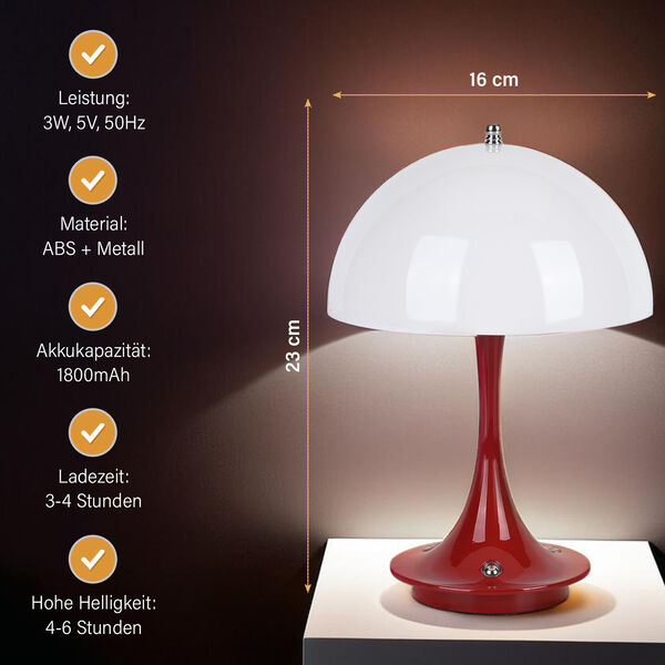 Kabellose Retro Pilz- Designerlampe  mit 3 Lichteinstellungen, rot image number 3