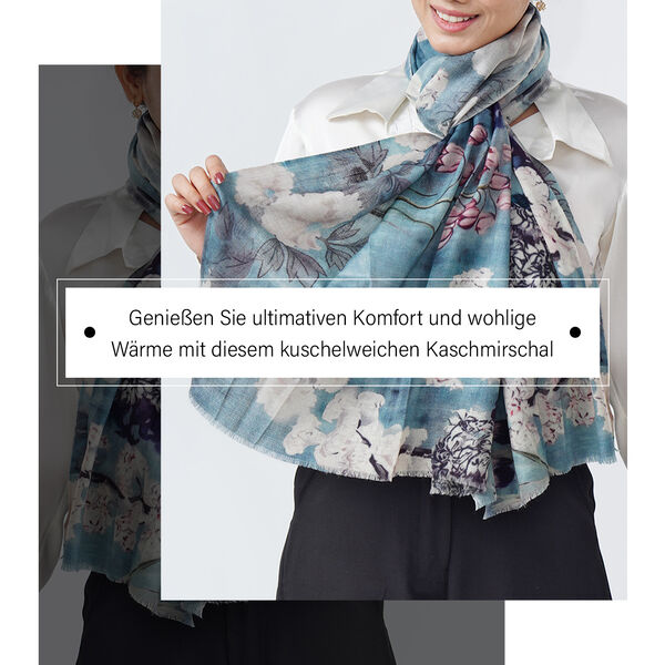 LA MAREY Schal aus 100% Premium-Kaschmir mit Digitaldruck, 70x200cm, graublau gebl&uuml;mt image number 2