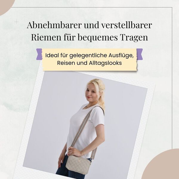 Crossbody-Tasche in Stepp-Optik mit abnehmbarem ethnischem Gurt, 21x13x7,5cm, Beige image number 4