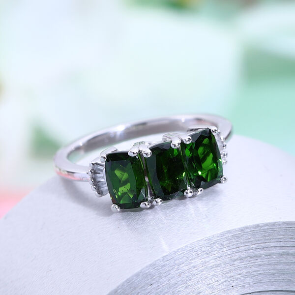 Natürlicher Chromdiopsid und Diamant 3 Stein Ring 925 Silber platiniert  ca. 2,14 ct image number 2