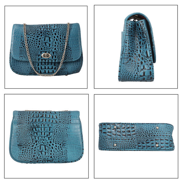 Umhängetasche aus echtem Leder mit Kroko-Prägung und Kettenriemen, Blau image number 5