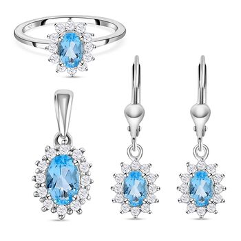 Schweizer Blautopas-Ring, Anh&auml;nger und Ohrringe, 925 Silber platiniert ca. 2,90 ct