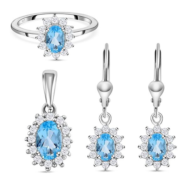 Schweizer Blautopas-Ring, Anh&auml;nger und Ohrringe, 925 Silber platiniert ca. 2,90 ct