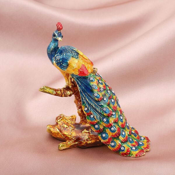 Tablettend&ouml;schen mit wei&szlig;en Kristallen, emailliert, goldfarben, Pfau image number 1